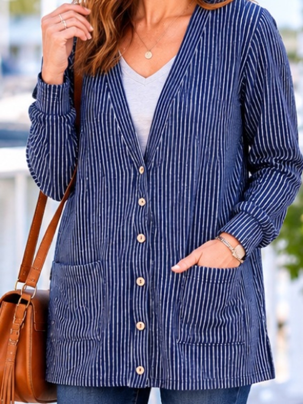Agnes & Dora Navy White Pin Stripe Cardigan Front Pockets XS NWT